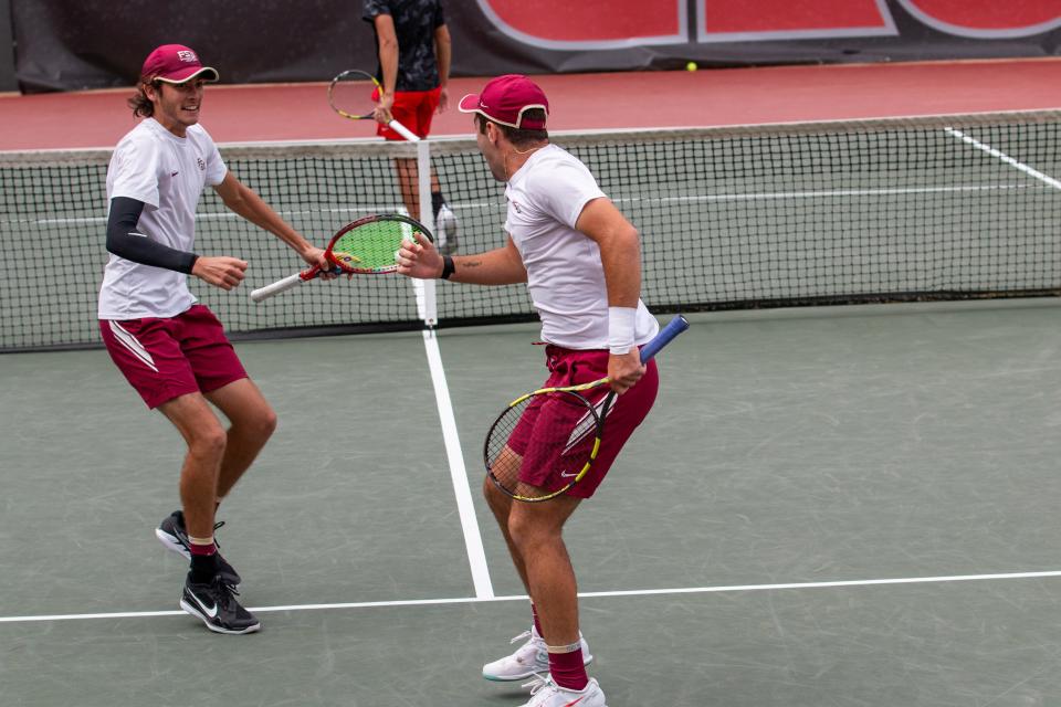 The doubles team of Joshua Dous Karpenschif and Maks Silagy celebrate winning the double point in FSU's upset win of No. 11 Georgia in the 2022 NCAA Tournament second round.