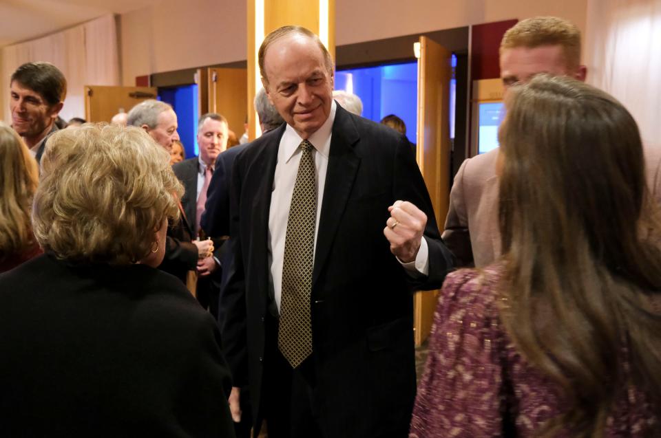 Retired United States Sen. Richard Shelby talks with people in the lobby at the Bryant Conference Center on Feb. 2, 2023, before he was honored by the West Alabama Chamber of Commerce during their annual awards banquet.