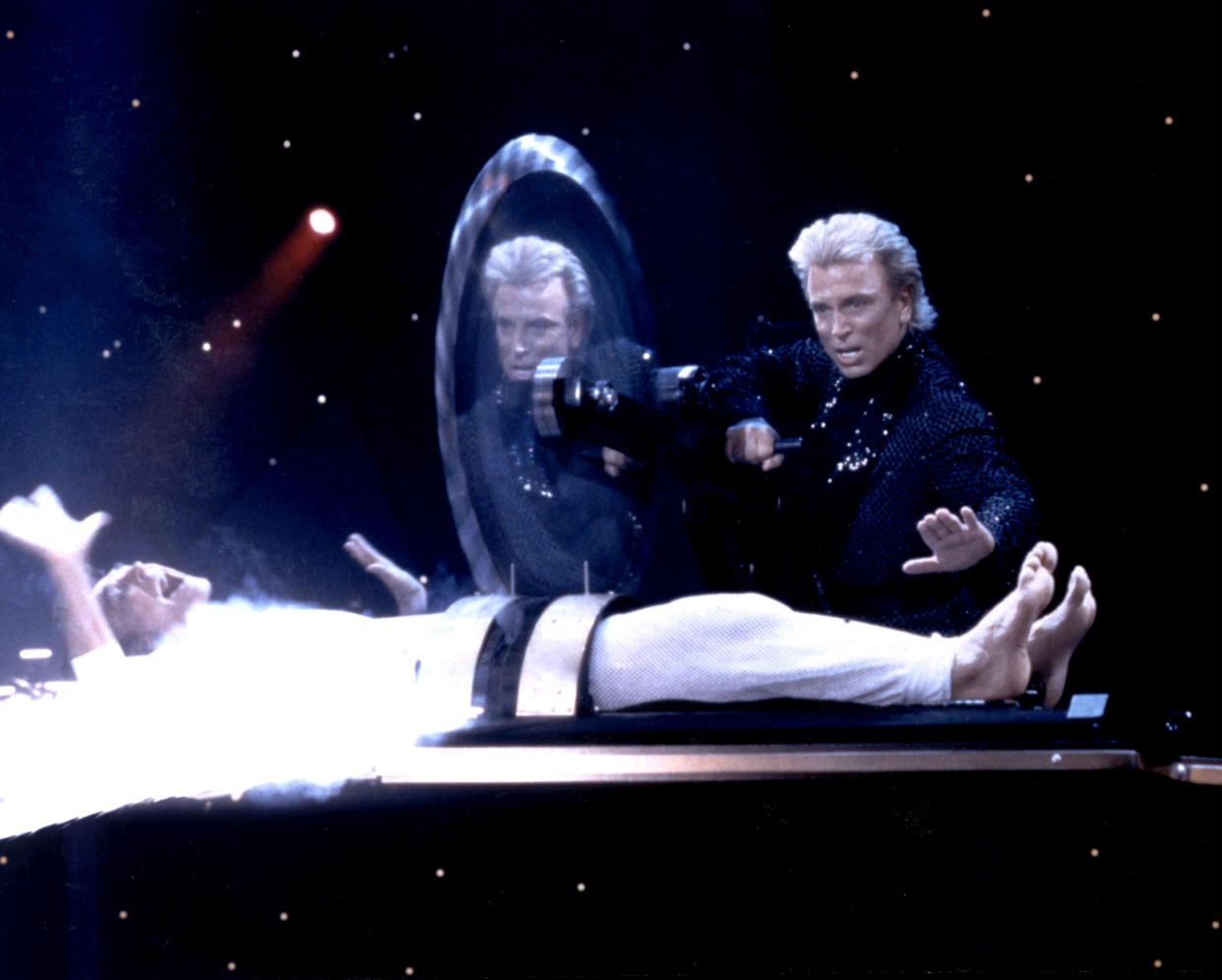 Siegfried, right, and Roy perform a nail-biting act at the Mirage. 