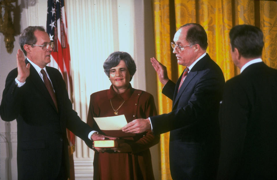 Anthony Kennedy with his wife, Mary, William Rehnquist and Ronald Reagan (obscured)