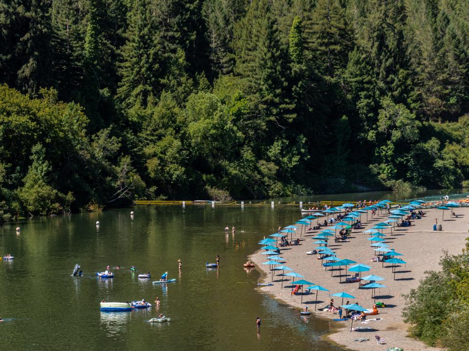 Beach scene with colorful umbrellas set apart for Social Distancing at Johnson's Beach, Guerneville, California, on the Russian River.