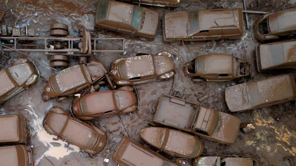 A drone view shows vehicles affected by the floods in Encantado, Rio Grande do Sul state, Brazil, May 3, 2024. - Diego Vara/Reuters