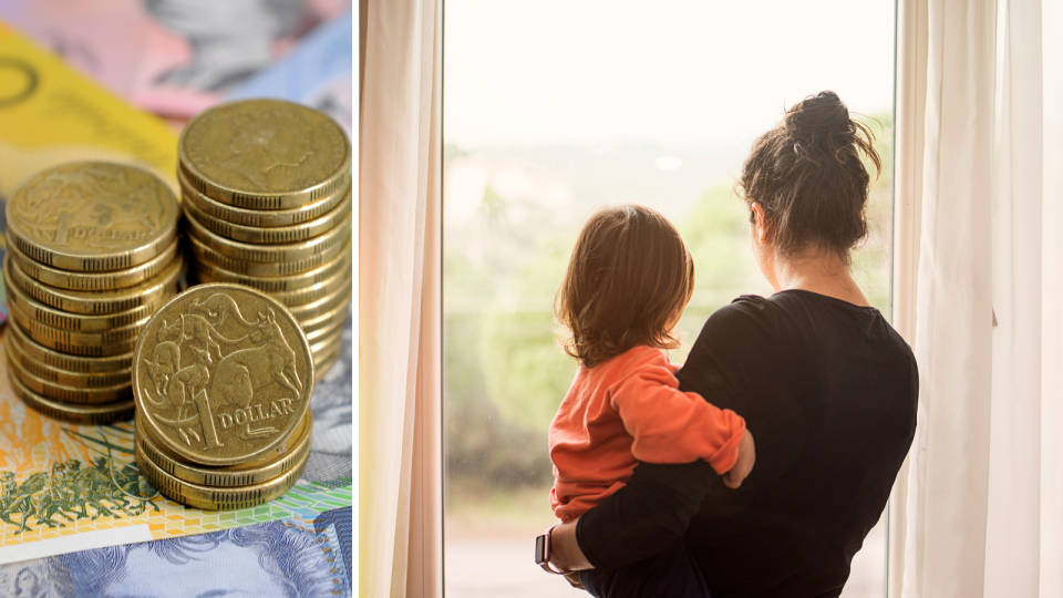 A composite image of Australian money and a mother holding her child to represent the rising cost of living for Australians.