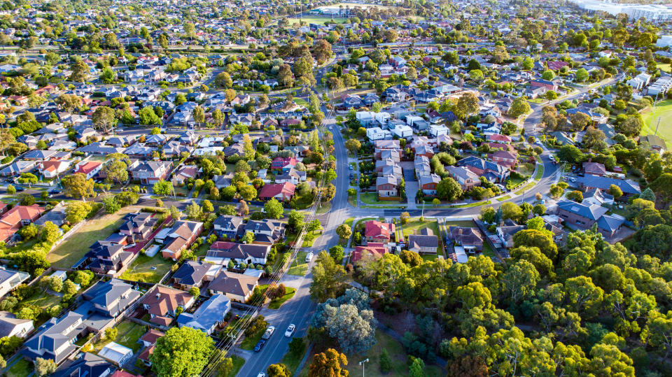 Aerial view of houses in a Melbourne suburb.