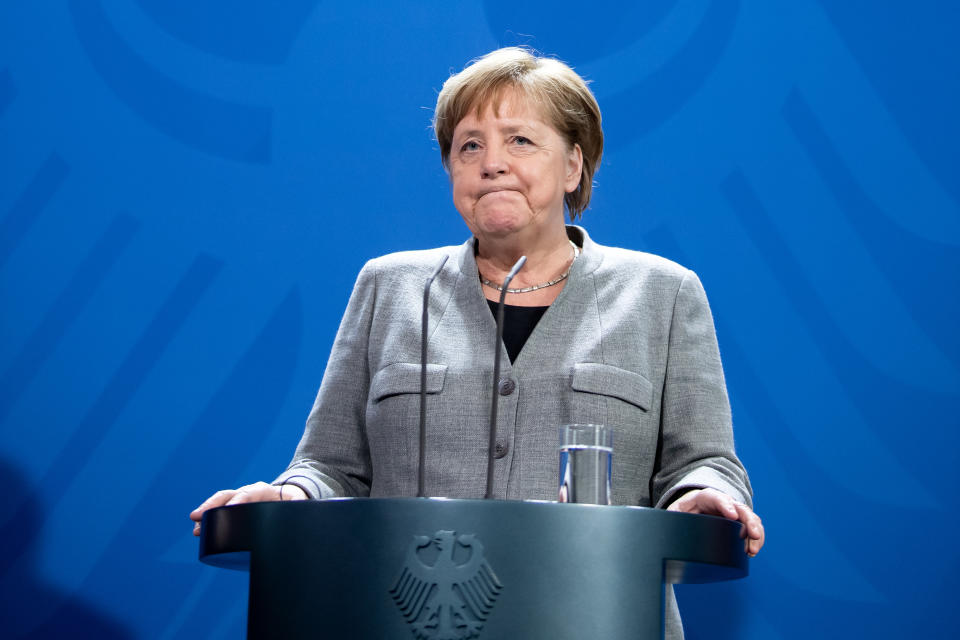 10 February 2020, Berlin: Federal Chancellor Angela Merkel (CDU) reacts to the resignation of CDU chairwoman Kramp-Karrenbauer during the press conference with the Hungarian Prime Minister prior to their meeting in the Federal Chancellery. Photo: Bernd von Jutrczenka/dpa (Photo by Bernd von Jutrczenka/picture alliance via Getty Images)