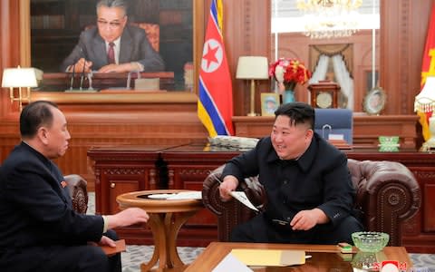 North Korean leader Kim Jong Un meets Kim Yong Chol, who traveled to Washington to discuss denuclearisation talks, in Pyongyang - Credit:  KCNA via KNS