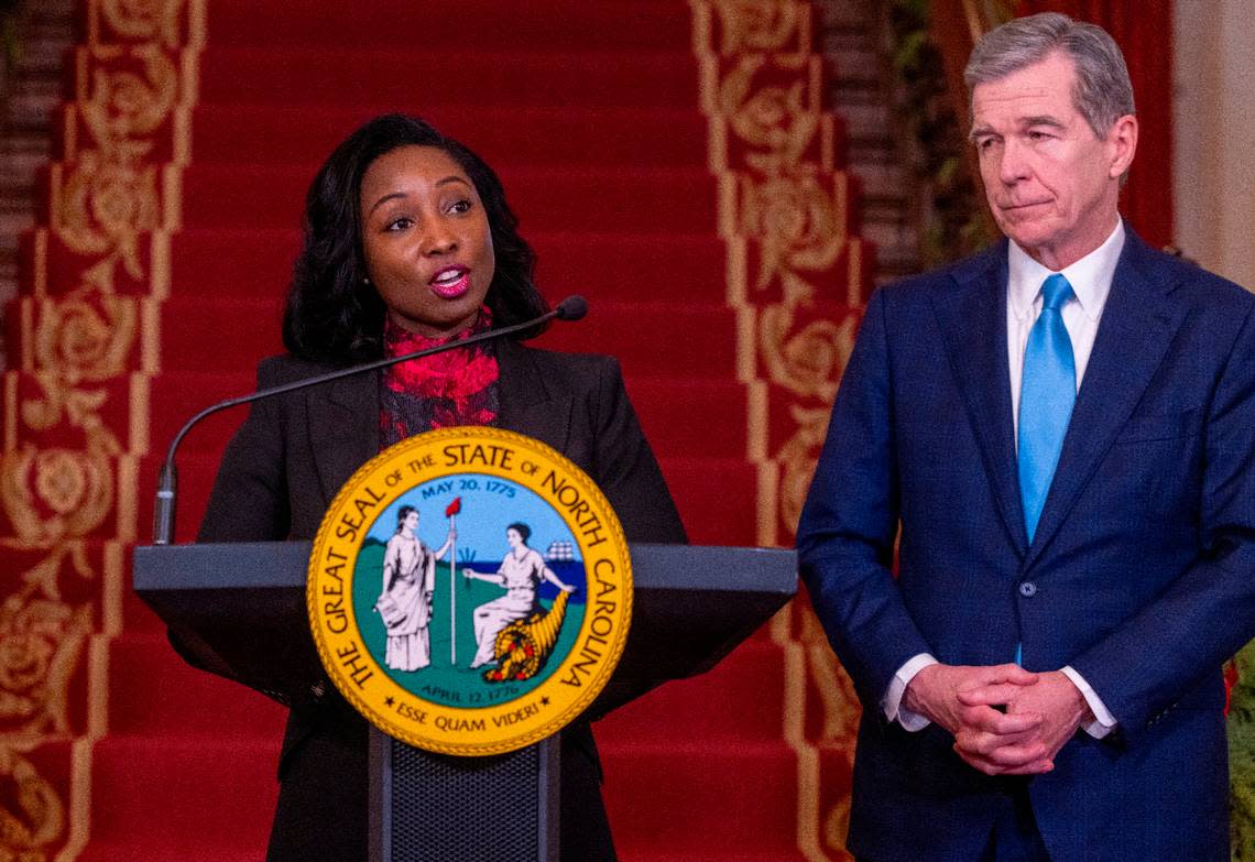 North Carolina Governor Roy Cooper introduces Jessica Holmes, his appointment for State Auditor on Thursday, November 30, 2023 at the Executive Mansion in Raleigh, N.C. Holmes replaces Auditor Beth Wood who resigned amid scrutiny of her use of state vehicles following a crash in December 2022.