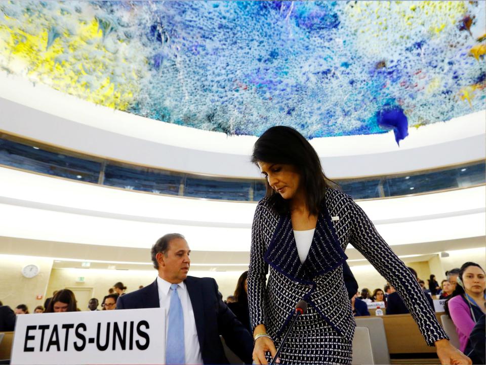 US Ambassador to the United Nations Nikki Haley leaves after addressing the United Nations Human Rights Council in Geneva, Switzerland 6 June 2017: REUTERS/Denis Balibouse