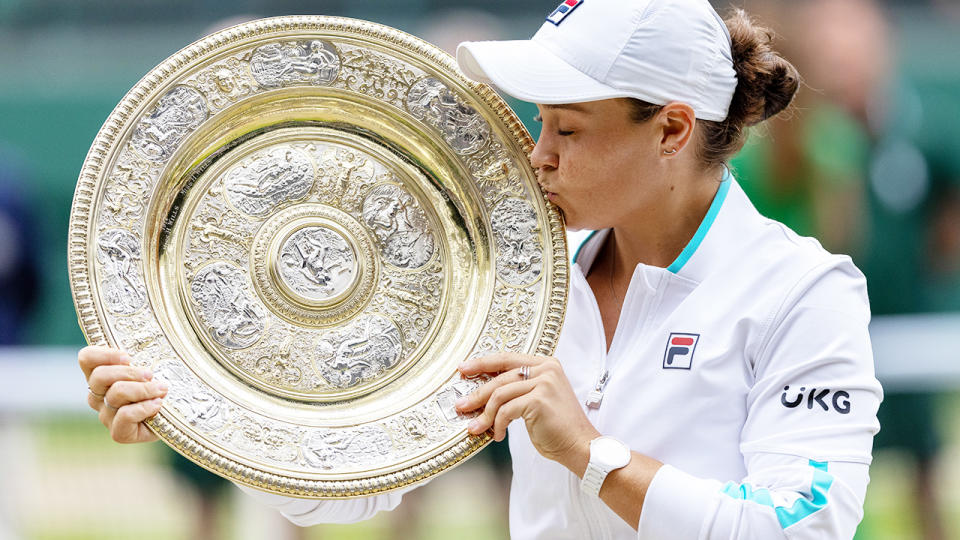 Ash Barty, pictured here with the Venus Rosewater Dish after winning Wimbledon. 