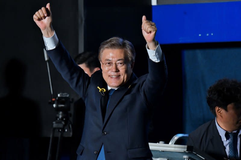 Moon Jae-in, South Korean presidential candidate of the Democratic Party of Korea, gives to speech for his supporters near the Gwanghwamun Square in Seoul shortly before his victory May 9, 2017. File Photo by Keizo Mori/UPI
