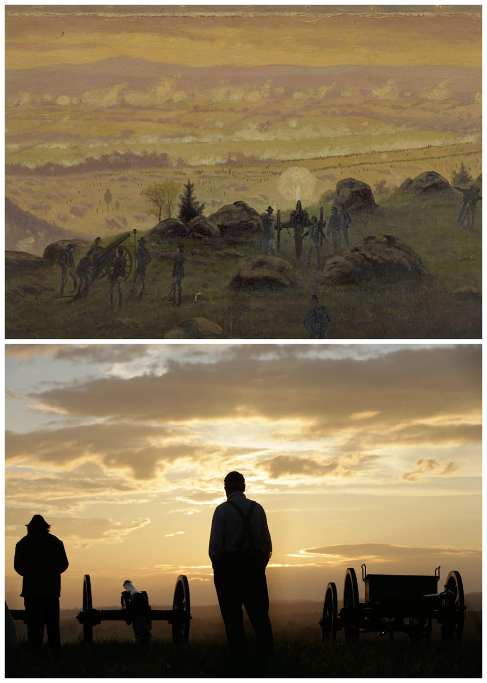 This combination image shows, top, a painting by Edwin Forbes of the view from the summit of Little Round Top, July 3, 1863, in Gettysburg, Pa., and bottom, two re-enactors viewing the sunrise during ongoing activities commemorating the 150th anniversary of the Battle of Gettysburg, Friday, June 28, 2013, at Bushey Farm in Gettysburg, Pa. Wearing period uniforms, thousands of Civil War buffs gathered Friday on a private farm outside the actual battlefield to take part in the battle re-enactment considered the pinnacle of the hobby. (AP Photo)