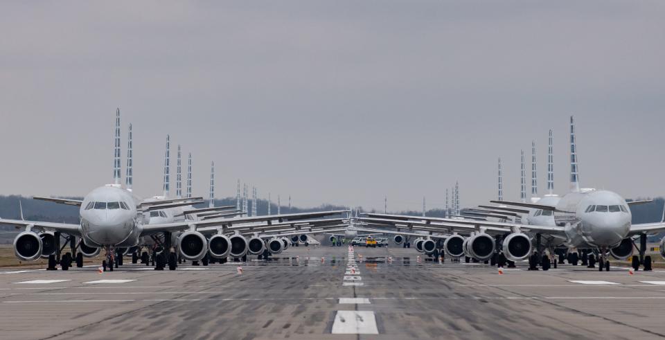 Planes parked at Pittsburgh International Airport.