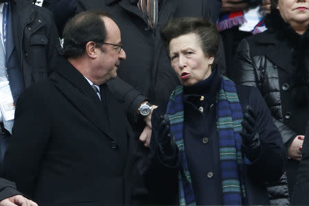 Rugby Union - Six Nations Championship - France v Scotland - Stade de France, Saint-Denis near Paris, France - 12/2/2017. French President Francois Hollande speaks with Britain's Princess Anne prior to the start of the match. REUTERS/Pascal Rossignol