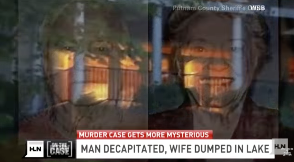 A still from a news story about the murders of Russell and Shirley Dermond are shown with the headline "Man Decapitated, Wife Dumped in Lake"