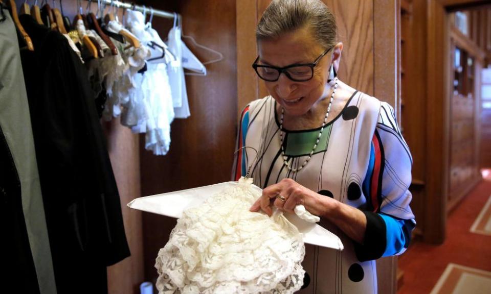 Ruth Bader Ginsburg in 2016 showing one of the many different collars (jabots) she wore with her robes