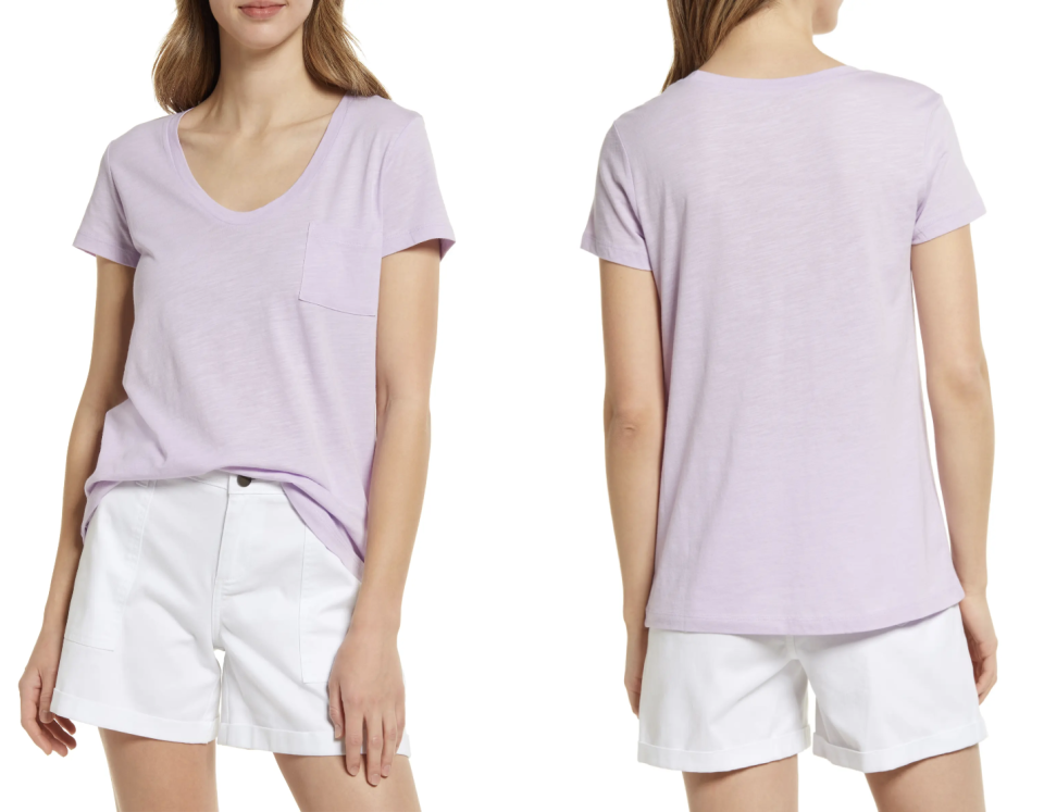 Nordstrom Caslon Rounded V-Neck T-Shirt in Purple Bloom (Photo via Nordstrom)