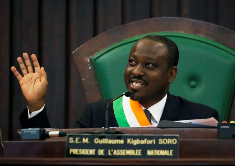 Ivory Coast parliament speaker Guillaume Soro speaks at the National Assembly in Abidjan