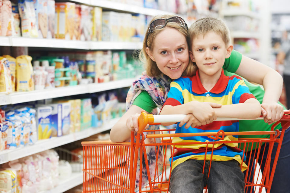 Kids love the idea of tossing goodies in the cart, and stores place brightly colored sweets at kids' eye level deliberately, so if you've got to bring them with you, then make smart spending a game. Explain that they get $12 for snacks that week, for example, and show them how they can get more for their money by choosing cheaper snacks or store brands. 