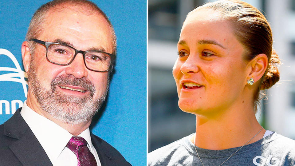 Pictured left is Ash Barty's father Rob alongside a shot of his daughter speaking to reporters.