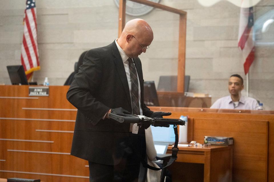 Franklin County Prosecutor David Zeyen, cross examines 26-year-old Elias Smith during Smith's trial for murder for fatally shooting 43-year-old Jason Keys, on Fathers Day 2021 on Columbus' Far East Side.