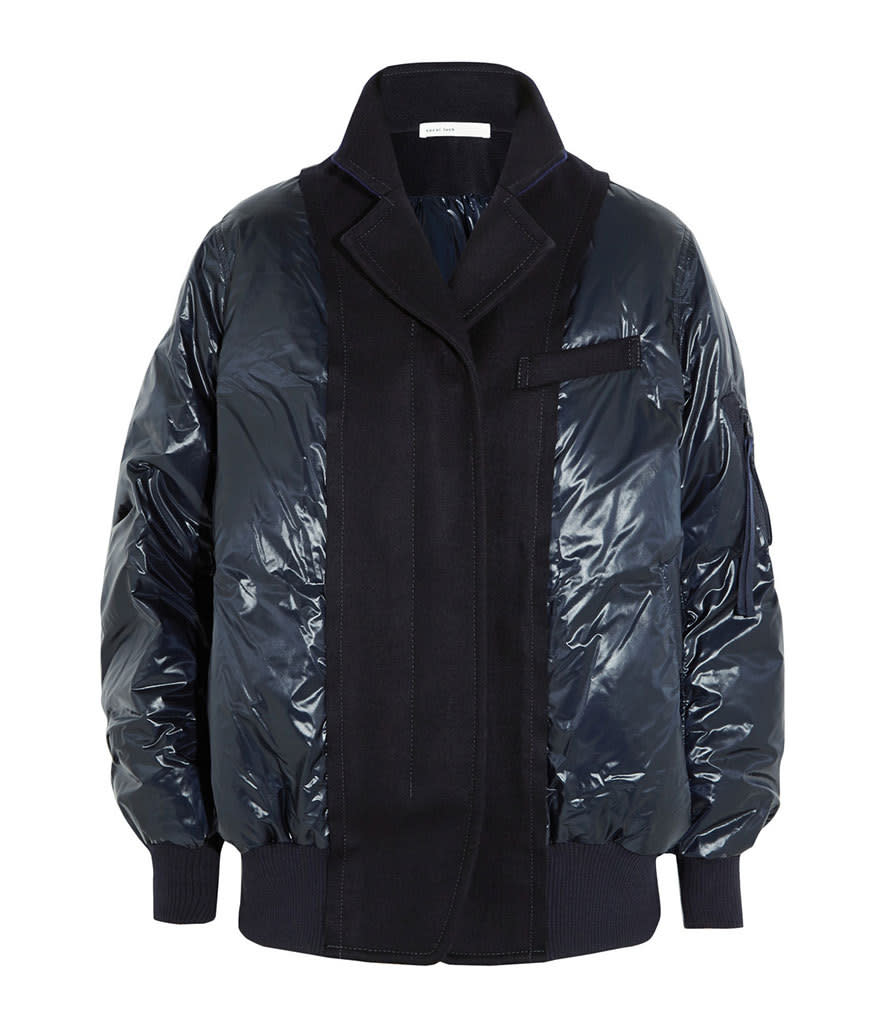 <p>If you refuse to wear a jacket without a collar, look no further than <a href="http://www.net-a-porter.com/us/en/product/589740/Sacai/sacai-luck-wool-felt-paneled-shell-down-bomber-jacket" rel="nofollow noopener" target="_blank" data-ylk="slk:Sacai’s shiny take;elm:context_link;itc:0;sec:content-canvas" class="link ">Sacai’s shiny take </a>on the bomber jacket. In navy blue with a wool-felt lapel and cuffs, this one’s appropriate for every occasion. </p>