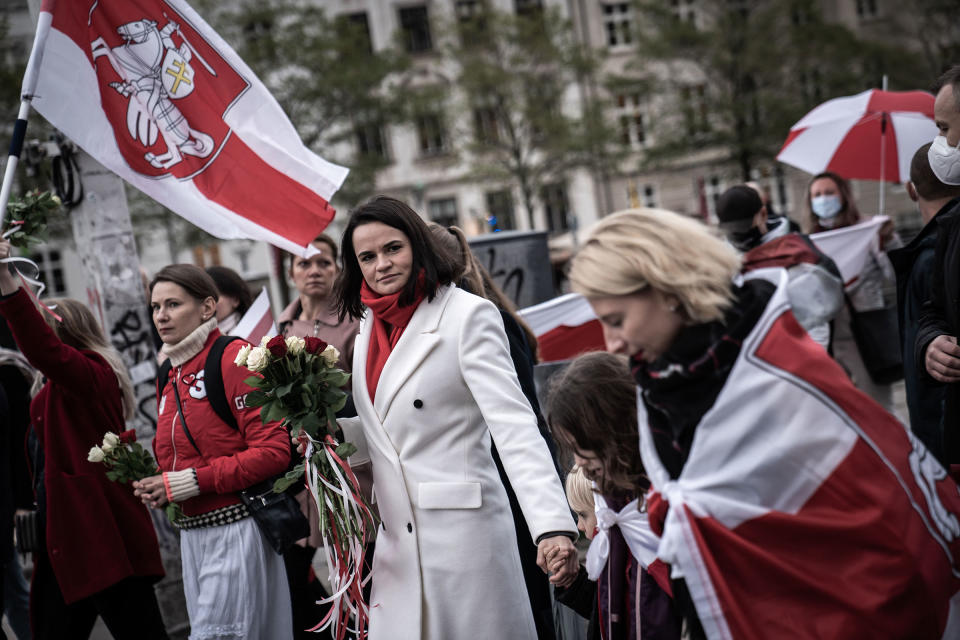 Belarusian opposition politician Svetlana Tikhanovskaya participates in a march organized by the organization Friends of Belarus Denmark on Oct. 23, 2020 in Copenhagen.<span class="copyright">Emil Helms—Ritzau Scanpix/AFP/Getty Images</span>