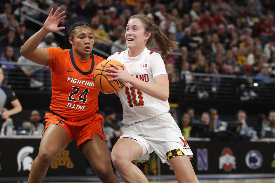 Maryland guard Abby Meyers (10) works past Illinois guard Adalia McKenzie (24) during the first half of an NCAA college basketball game at the Big Ten women's tournament Friday, March 3, 2023, in Minneapolis. (AP Photo/Bruce Kluckhohn)