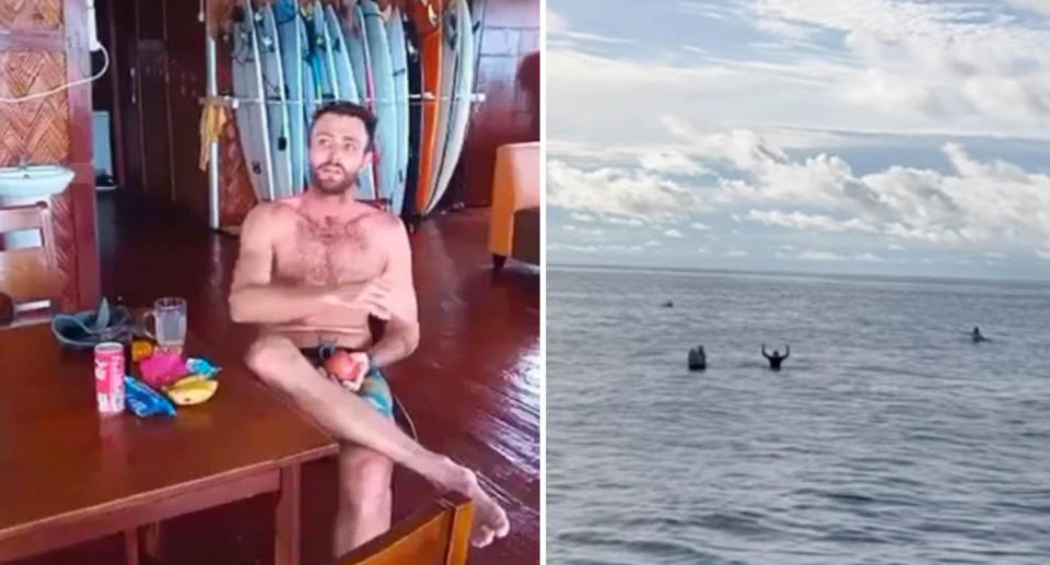 Elliot Foote sits topless inside a surf shack with a beer (left). Three Australians float on surfboards in the ocean off Indonesia (right).