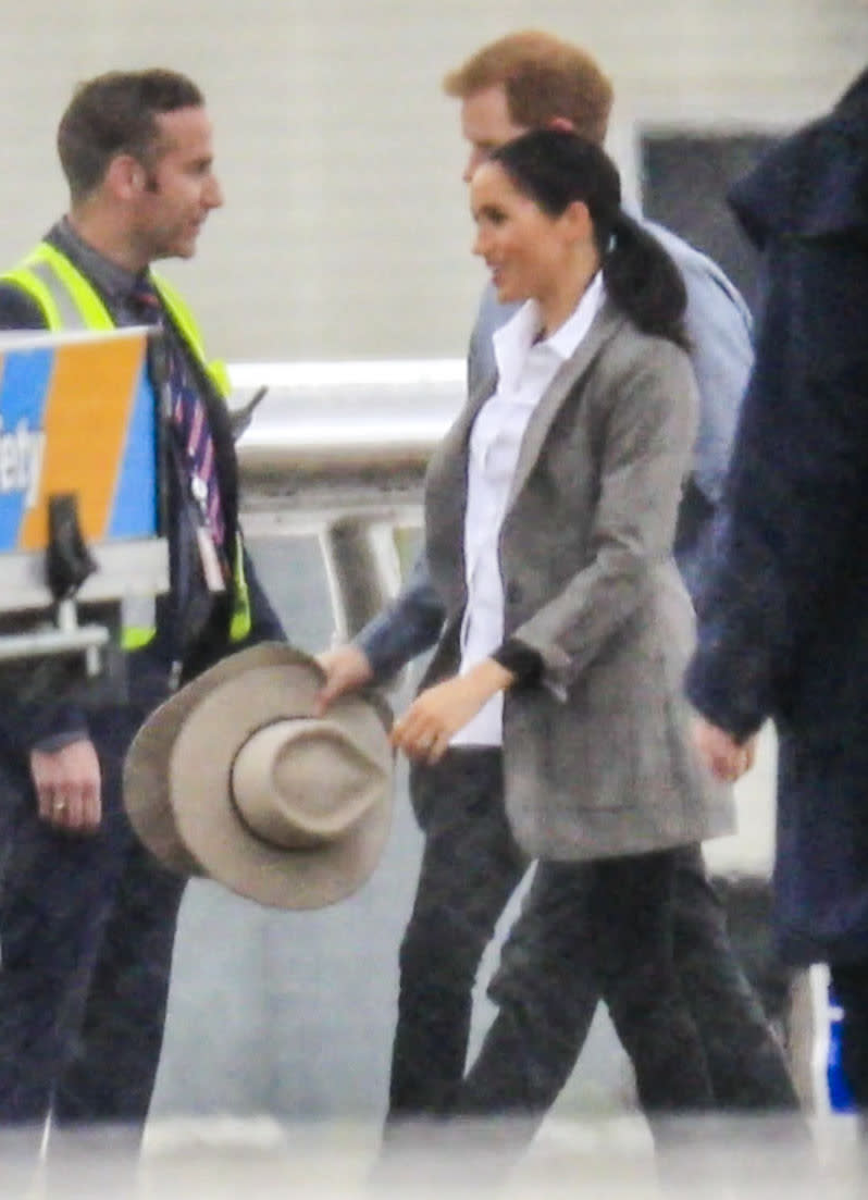 <p>As the Duchess, who is four months pregnant with her first child, stepped onto the plane for Dubbo in Sydney on Wednesday, she was seen with the akubra given to her the day before. Unfortuntely however, we didn’t see them wear the hats while in Dubbo. Photo: Media Mode </p>