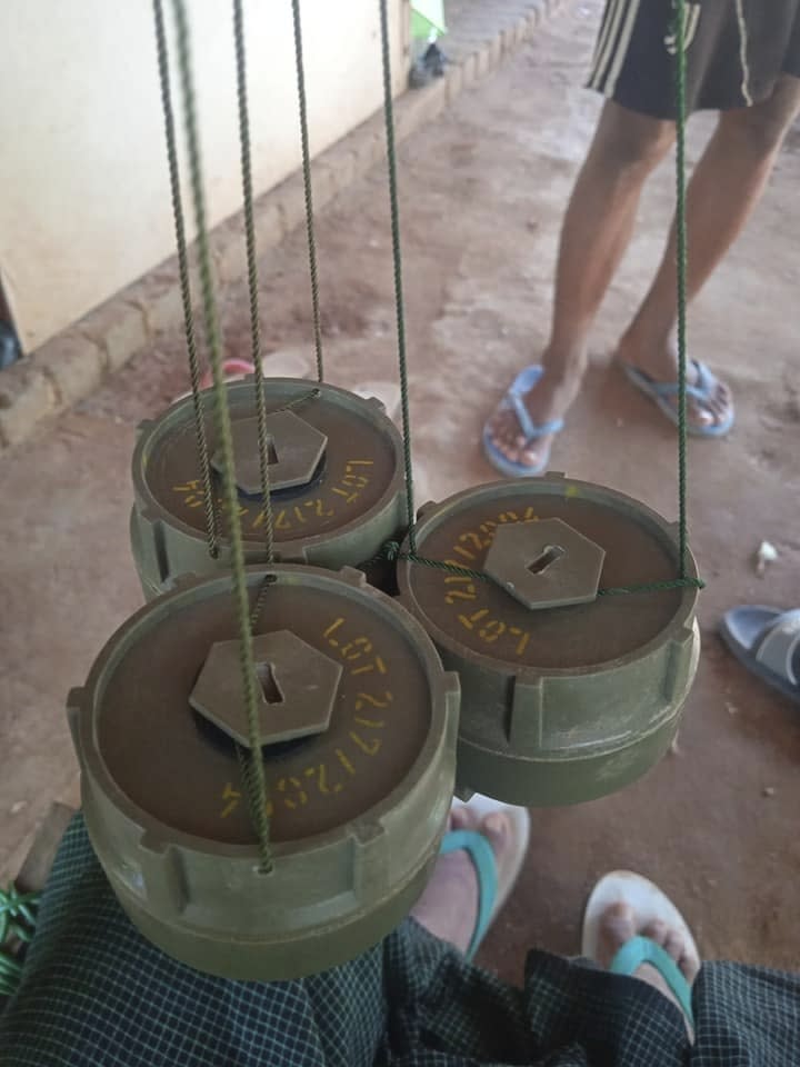 This photo provided by a militia operating in the region shows landmines which have been removed and collected by a local anti-military militia, the Myauk Yamar People’s Defense Force, near the Letpadaung copper mine area in the Salingyi Township of Sagaing region of Myanmar, on Aug. 19, 2022. The militia said they are going to reuse them to attack the government army. (Myauk Yamar People's Defense Force via AP)