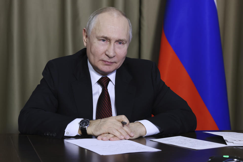 Russian President Vladimir Putin takes part in a ceremony marking the delivery of Russian nuclear fuel to the first power unit of the Rooppur NPP in Bangladesh, via videoconference call, in Sochi, Russia, Thursday, Oct. 5, 2023. (Mikhail Metzel, Sputnik, Kremlin Pool Photo via AP)