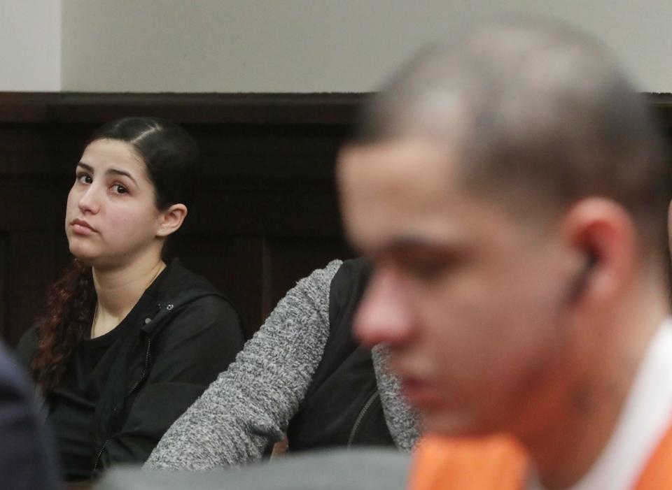 Elsie Rivera looks at Jose Castro as he pleads guilty to Tuesday in Summit County Common Pleas Court to shooting her and kidnapping their 4 year-old son in September 2022.