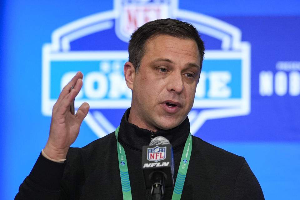 Kansas City Chiefs general manager Brett Veach speaks during a press conference at the NFL football scouting combine in Indianapolis, Tuesday, Feb. 27, 2024. (AP Photo/Michael Conroy)
