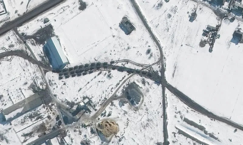 A satellite image shows a motorized rifle battalion in a convoy, near Soloti