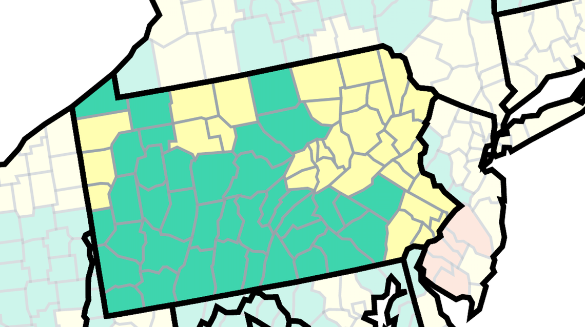 This map of Pennsylvania from the U.S. Centers for Disease Control and Prevention shows COVID-19 community levels by county as of Feb. 3, 2023. The yellow are at medium and the green at low. This week, no counties are at high, which would be noted in orange.