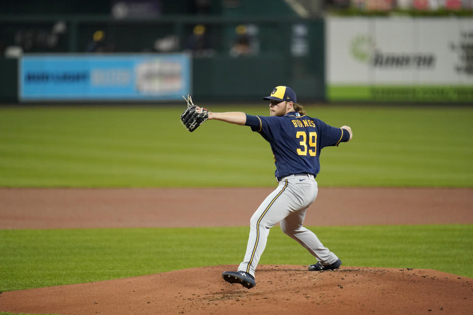 Milwaukee Brewers starting pitcher Corbin Burnes throws during the first inning of a baseball game against the St. Louis Cardinals Thursday, Sept. 24, 2020, in St. Louis. (AP Photo/Jeff Roberson)