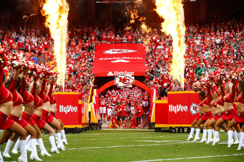 <p>The Kansas City Chiefs prepare to take the field for their first home game of the 2017 season prior to the game against the Philadelphia Eagles at Arrowhead Stadium on September 17, 2017 in Kansas City, Missouri. ( Photo by Jamie Squire/Getty Images) </p>