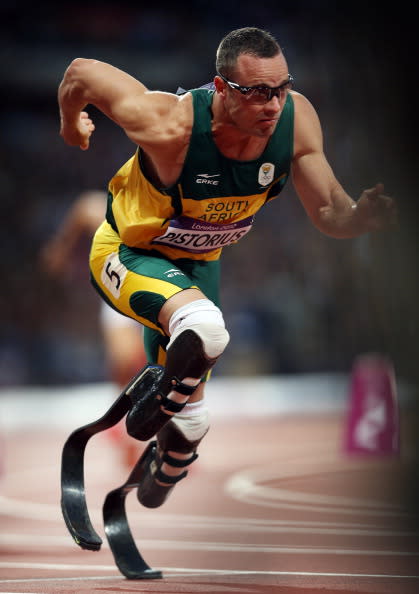 LONDON, ENGLAND - AUGUST 05: Oscar Pistorius of South Africa competes in the heats of the Men's 400m on Day 9 of the London 2012 Olympic Games at the Olympic Stadium on August 05, 2012 in London, England. (Photo by Ian MacNicol/Getty Images)