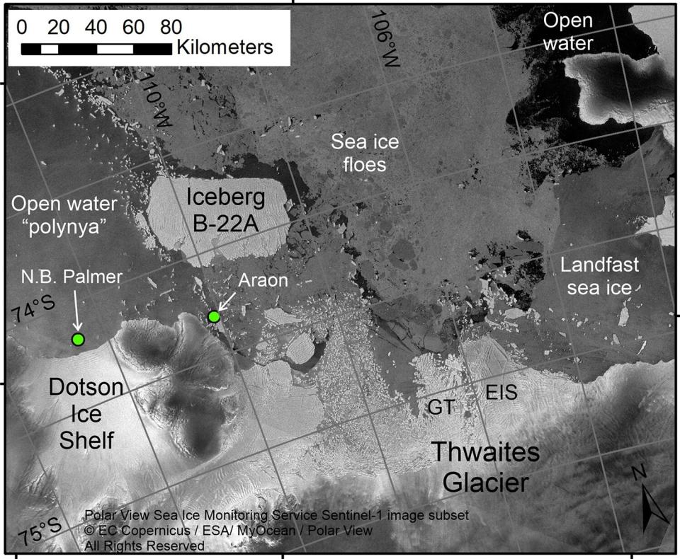 This Tuesday, Feb. 1, 2022 satellite image from the European Space Agency, annotated by marine geophysicist Robert Larter, shows the positions of research vessels RVIB Nathaniel B. Palmer and the RV Araon on Feb. 2., on the ice shelf areas extending from Thwaites Glacier in Antarctica. "EIS" indicates the Eastern Ice Shelf where a lot of work was conducted in 2020, and which recently published studies have suggested is likely to break up sometime within the next couple of decades. (Robert Larter/British Antarctic Survey, ESA via AP)