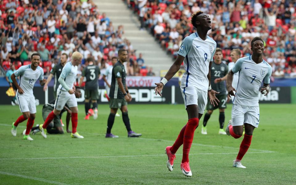 England's Tammy Abraham celebrates scoring his side's second goal of the game - Credit: PA