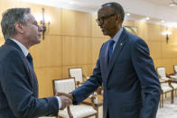 Secretary of State Antony Blinken, left, meets with Rwandan President Paul Kagame at the President's Office in Urugwiro Village in Kigali, Rwanda, Thursday, Aug. 11, 2022. Blinken is on a ten day trip to Cambodia, Philippines, South Africa, Congo, and Rwanda. (AP Photo/Andrew Harnik, Pool)