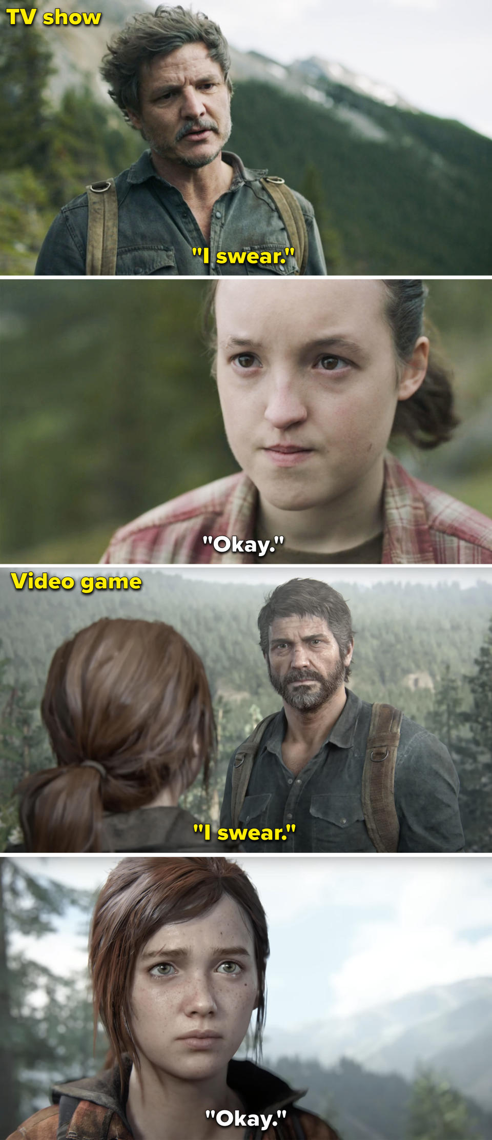 Side-by-side screenshots from "The Last of Us" movie and game