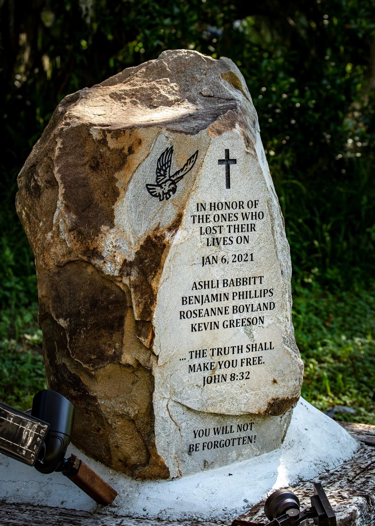 A monument installed along on the property of the Pollock family in the Kathleen area pays tribute to rioters who died during the Jan. 6, 2021, attack on the U.S. Capitol. Siblings Jonathan and Olivia Pollock, indicted in 2021 on felony charges related to the riot, are both now fugitives from the FBI.