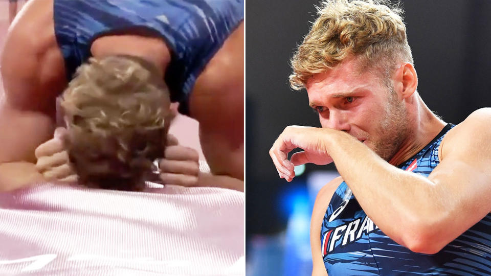 Kevin Mayer, pictured here in tears after withdrawing.