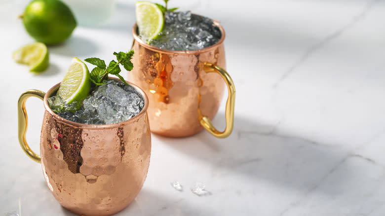 Moscow mules in copper mugs