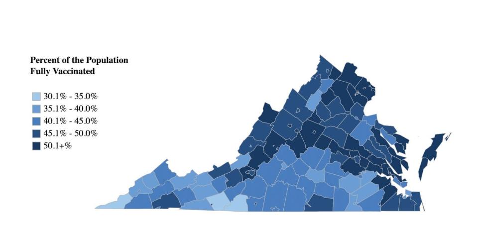 A map of vaccination rates in Virginia by county. Counties in the North and South East look generally darker, meaning they have higher vaccination rates, than those in the South and West of the state.