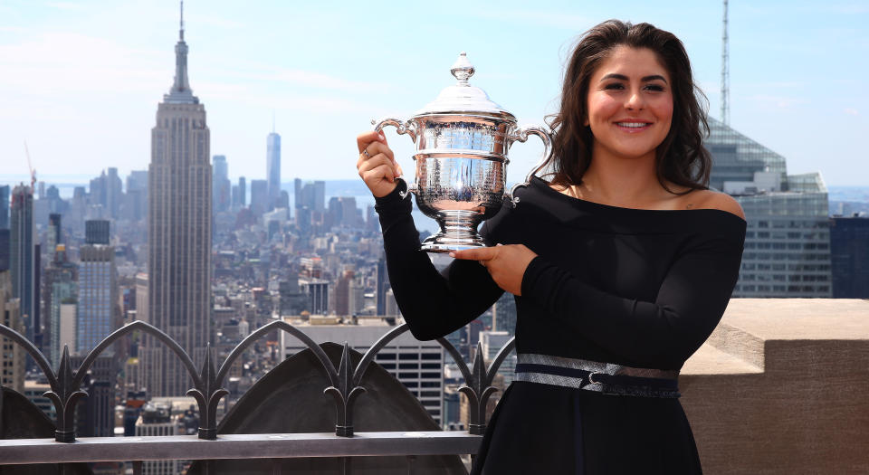 NEW YORK, NEW YORK - SEPTEMBER 08: Bianca Andreescu of Canada poses with her trophy at the Top of the Rock in Rockefeller Center on September 8, 2019 in New York City. (Photo by Mike Stobe/Getty Images)