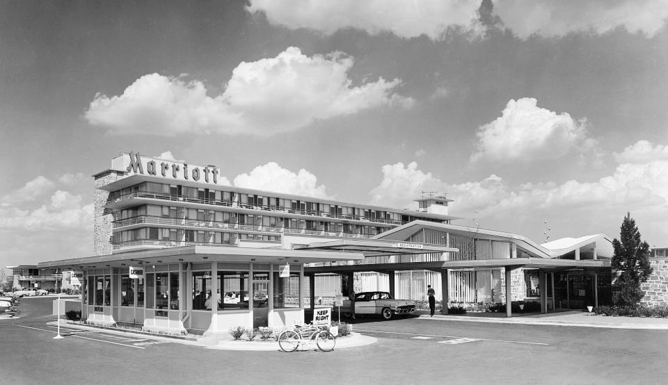 This undated photo provided by Marriott International, Inc. shows the Twin Bridges Marriott, in Arlington, Va. In 1957, John Willard Marriott and Alice Sheets Marriott opened their first hotel _ the Twin Bridges Motor Hotel in Arlington, Va. But it was their son Bill who transformed the company into a global hotel giant. Today there are 3,718 Marriott hotels in 73 countries. The company’s other businesses have been sold.. (AP Photo/Marriott International, Inc.)