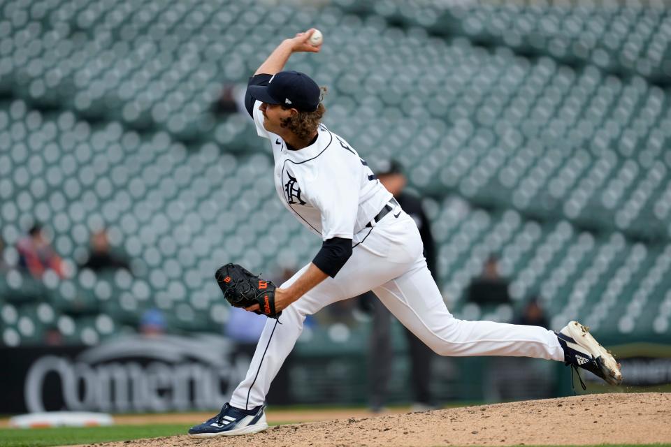 Detroit Tigers relief pitcher Jason Foley throws against the Cleveland Guardians in the ninth inning of the second game of a doubleheader at Comerica Park in Detroit on Tuesday, April 18, 2023.