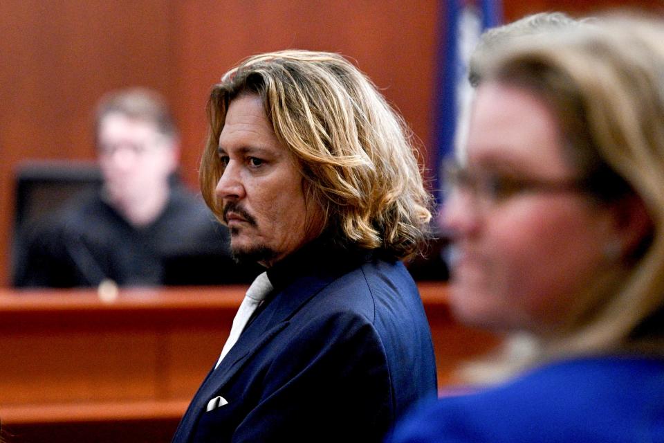 Johnny Depp in the courtroom at the Fairfax County Circuit Court, April 12, 2022, in Fairfax, Va.